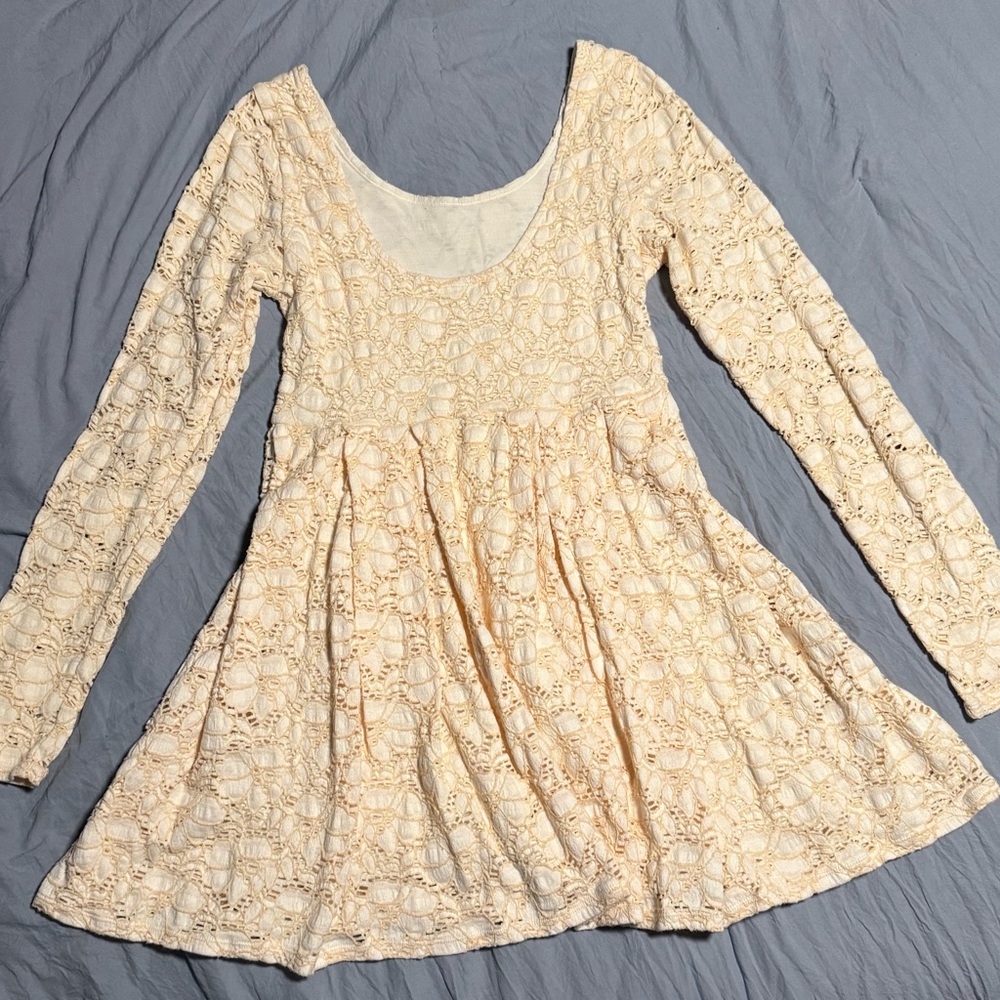 Free People Ivory Cream Lace Long Sleeve Mini Dress Boho Scoop Back Size M - Picture 6 of 6
